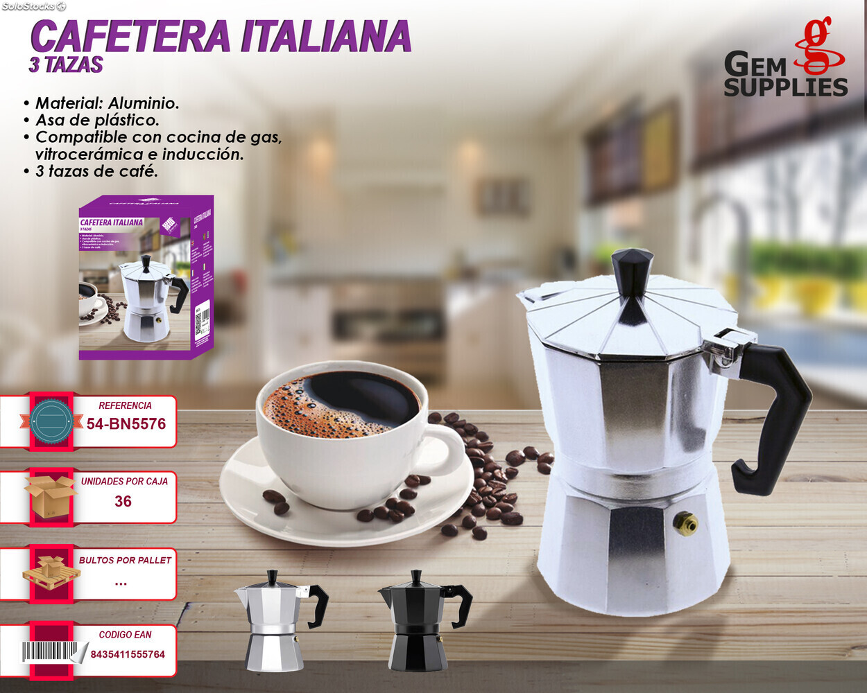 Cafetera Italiana en acero inoxidable 9 tazas Compatible con gas