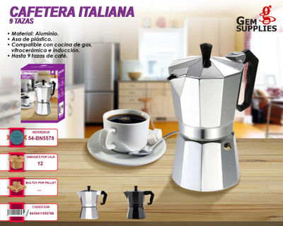 Cafetera Italiana Inducción 12 Tazas Café, Aluminio, Todo Tipo Cocinas,  Vitrocerámica, Gas, FAGOR, Plata, , Cupy