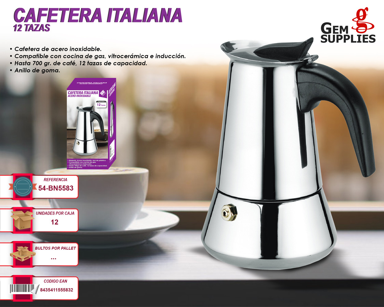 Cafetera Italiana en acero inoxidable 9 tazas Compatible con gas