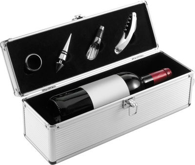 Caja de aluminio para botella con accesorios para vinos