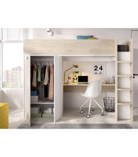 Cama alta juvenil Zero cama, escritorio y armario en alistonado natural-blanco,