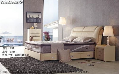 Cama de cuero real, cama tapizada en cuero genuino modelo V02