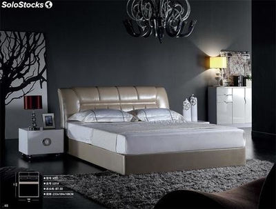 Cama de cuero real, cama tapizada en cuero genuino modelo V15