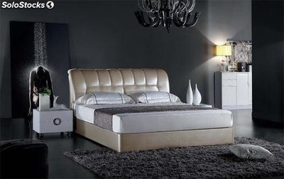 Cama de cuero real, cama tapizada en cuero genuino modelo V16