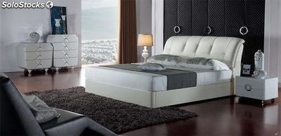 Cama de cuero real, cama tapizada en cuero genuino modelo V22