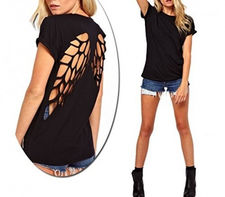 Camiseta negra de mujer con dibujo alas de Ángel y con la espalda al aire XL