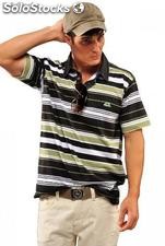 Camiseta Polo listrada sem bolso cor preto verde oliva e branco