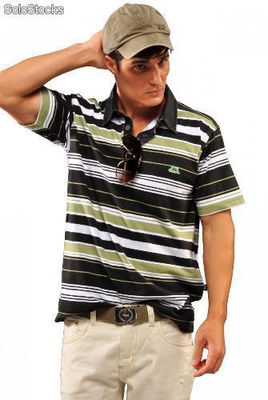 Camiseta Polo listrada sem bolso cor preto verde oliva e branco