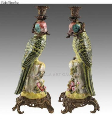 Candelabro Loro 1 luz - Verde (pareja) | porcelana decorada en porcelana