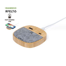 Cargador inalámbrico fabricado en bambú y fieltro RPET.