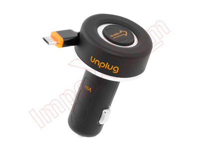 Carregador de carro de 2A com cabo micro USB retráctil e porto USB Unplug
