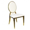 Chaise médaillon en métal doré et assise rembourrée simili cuir blanc