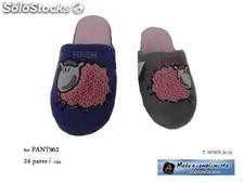 Chaussons broderies mouton violet/gris