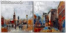 Ciudad - Pareja | Pinturas de arte abstracto y moderno en mixta sobre lienzo