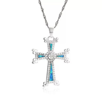 colgante de collar ,cadena dije cruz con ópalo azul+ circónes cristales - Foto 2