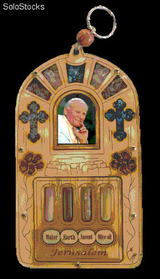 Colgante Madera de Olivo con imagen Santo Padre Juan Pablo y 4 elementos santos
