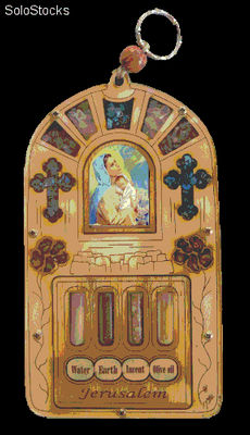 Colgante Madera de Olivo con la imagen de la Virgen María y 4 elementos santos