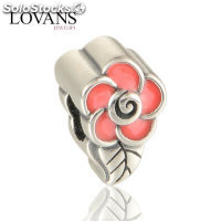 colgante plata para collar o pulsera diseño de hoja+flor con esmalte rosado