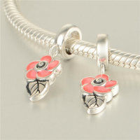 colgante plata para pulsera diseño de anillo+hoja+flor con esmalte rosado - Foto 4