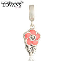 colgante plata para pulsera diseño de anillo+hoja+flor con esmalte rosado