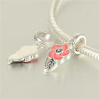 colgante plata para pulsera diseño de anillo+hoja+flor con esmalte rosado - Foto 2