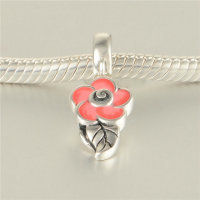 colgante plata para pulsera diseño de anillo+hoja+flor con esmalte rosado - Foto 3