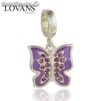 colgante plata para pulsera,diseño de mariposa+esmlate fuscia+piedras fuscias