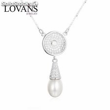 Collares de perlas grandes de plata con circónes diseño de gota agua