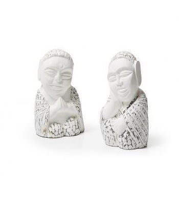 Conjunto de 2 figuras esculpidas buddha de madeira, com acabamento em branco