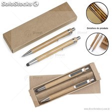Conjunto de caneta com ponta touch e lapiseira em bambú