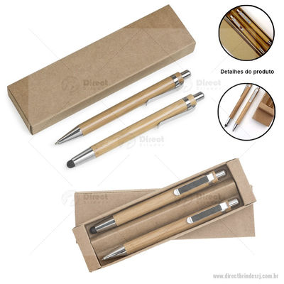 Conjunto de caneta com ponta touch e lapiseira em bambú