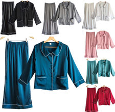 Foto del Producto Conjunto de pijamas de seda satén para mujer 2 piezas camisa y pantalones