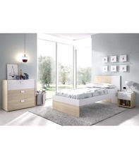 Conjunto juvenil cama de 90 cm, mesita y cómoda Duna-3 acabado natural/blanco.