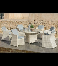 Conjunto mesa redonda + 6 sillones con cojines para terraza jardín