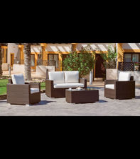 Conjunto sofa 2 plazas + 2 sillones con cojin + mesa centro jardin terraza