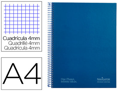 Cuaderno espiral navigator a4 tapa dura 80h 80gr cuadro 4mm con margen azul