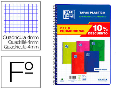 Cuaderno espiral oxford tapa plastico folio 80 hojas cuadro 4 mm pack 5 unidades