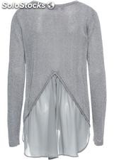Damen Lurex Pullover mit Chiffon Grau Silber Pulli Wintermode Kleidung