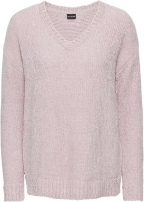 Damen Samtiger Pullover Rosa Strick V-Ausschnitt Pulli Wintermode Großhandel