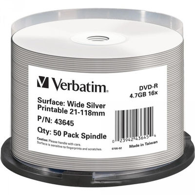 DVD-R 4.7GB Verbatim 16x Inkjet silver Full Surface 50er Cakebox 43645