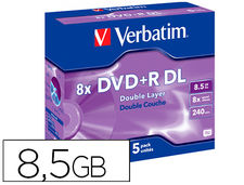 Dvd+r verbatim doble capa capacidad 8.5gb velocidad 8x 240 min pack de 5