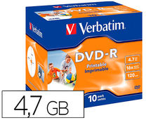 Dvd-r verbatim imprimible capacidad 4.7gb velocidad 16x 120 min pack de 10
