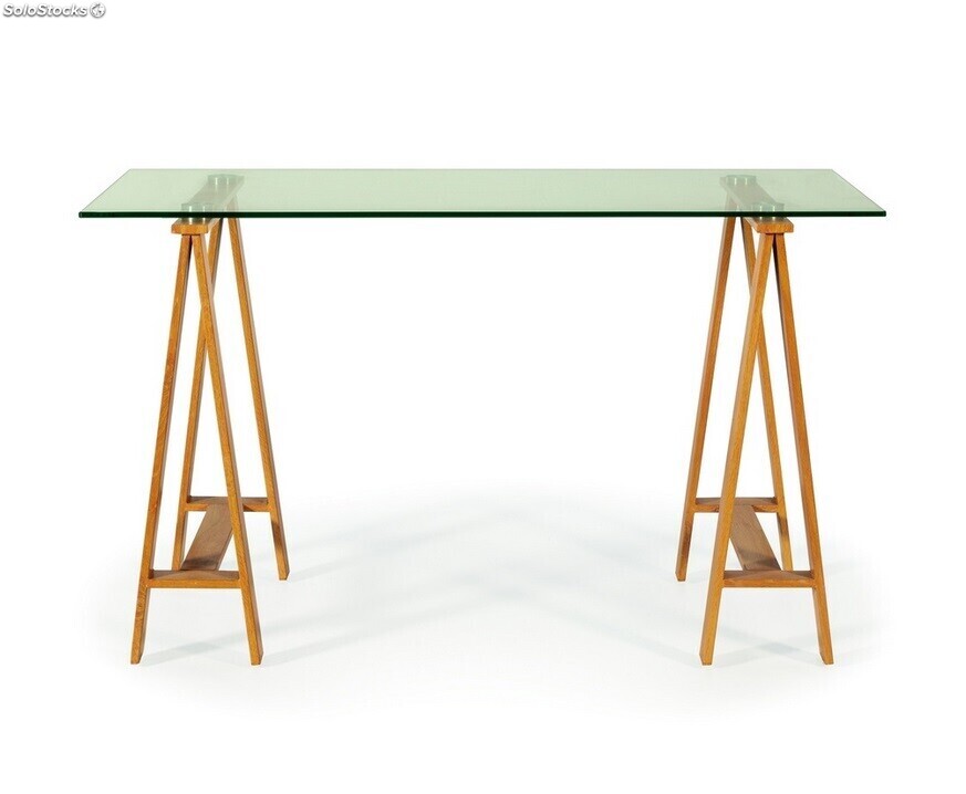 Mesa escritorio cristal con caballetes de hierro imitación madera