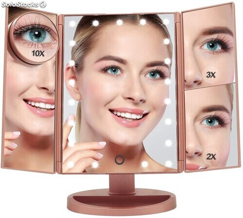  Espejo de Maquillaje Oro Rosa con LED. Espejo con Zoom  0x, 3X, 2X y 1X,   LED
