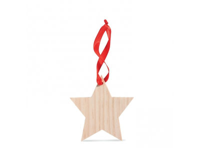 Estrella de madera con cinta roja para colgar en el árbol de Navidad.
