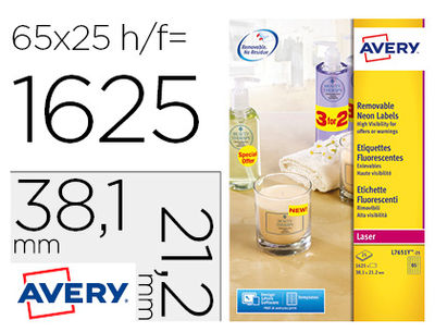 Etiqueta adhesiva avery tamaño 38,1x21,2 mm removible amarillo fluorescente caja