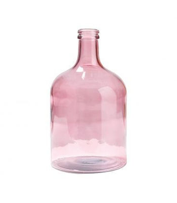 Garrafa grande de vidro transparente de decoração em tons de rosa.