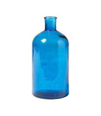 Garrafa transparente pequeno vidro decorativo em tons de azul.