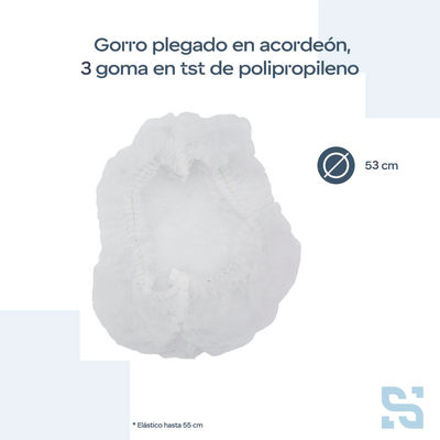 Gorro polipropileno plegado acordeón con 2 gomas, blanco, 53cm, caja de 1000 - Foto 3