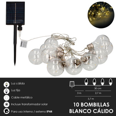 Guirnalda Solar 10 Bombillas / 50 Micro Leds Luz Calida. Bateria Recargable Uso